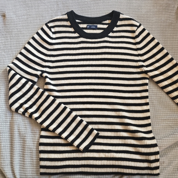 Gap Brooklyn Rib Striped Crew Sweater, Black, Cream & Gold Metallic, size XL - Picture 4 of 8